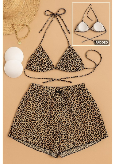 Modadua Kadın 3'lü Set Leopar Desenli Şortlu Ve Yandan Bağlamalı Bikini Mayo Takımı