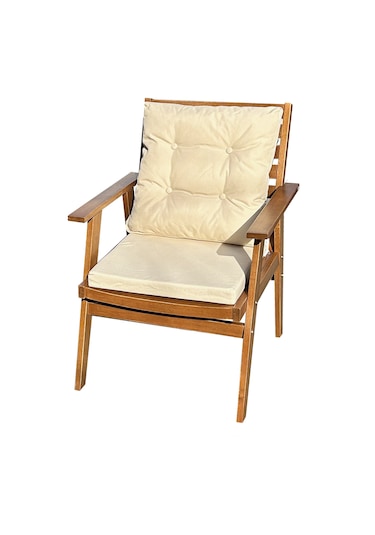 Heybeli Ahşap Bahçe Balkon Sandalyesi Düğmeli Minderli Ahşap