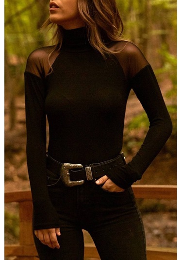 Kadın Omuzları Tül Balıkçı Yaka Viskon Kumaş Bluz Siyah