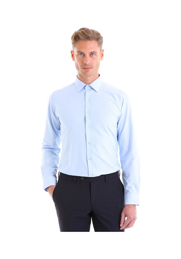 Hatemoğlu Slim Fit Pamuklu Uzun Kollu Erkek Gömlek Açık Mavi