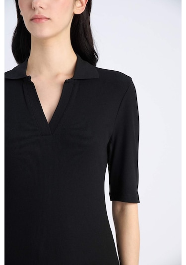 DeFacto Bodycon Vücudu Saran Polo Yaka Fitilli Kaşkorse Kısa Kollu Midi Elbise E6806AX25SPBK27