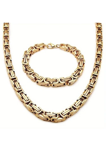 Gold Renk Tamamı Saf Çelik Kral Model Erkek Kolye Bileklik Set 4m
