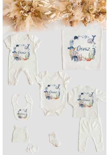 Lilabio %100 Organik Isme Özel Isimli 10lu Hastane Çıkışı Deniz Canlıları Ekru