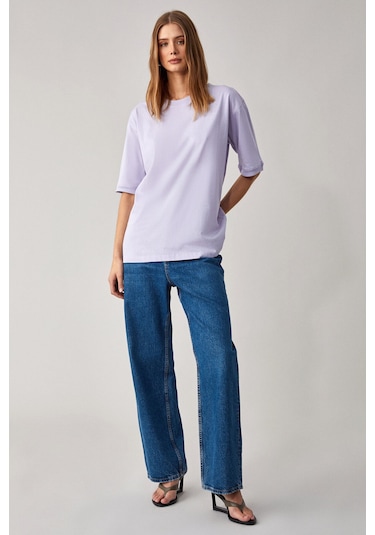 Jemmy  Kadın %100 Organik Pamuk Relaxed Fit Yırtmaçlı Yuvarlak Yakalı Lila T-Shirt