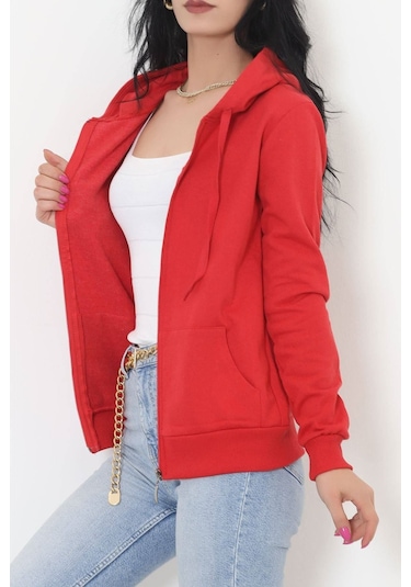 Bensu Store - Kapşonlu Fermuarlı Sweat Kırmızı - 11866.108. 001