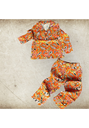 Kız Çocuk Düğmeli Pijama Takımı Gömlek Yaka Şal Desen Turuncu Renkler Ev Giyim -müslin Pamuklu Turuncu