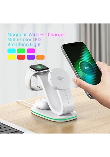 Topshop1 Beyaz Qi2 Manyetik Kablosuz Sarj Cihazi 3u 1 Arada Kuğu Tasarimli İphone Uyumlu 16 15 14 13 12 Watch Airpods Pro 4 3 2 Icin 18w Renkli Led