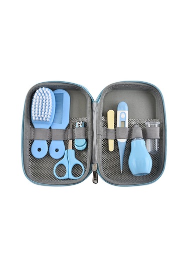 Vkemall Bebek Bakım 8'li Set: Tırnak Kırıcı, Fırça, Tarak, Burun Emici, Parmak Fırçası, Elektronik Termometre + Depolama Kutusu Mavi