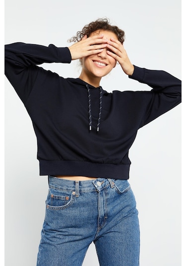 Tommy Life Lacivert Uzun Kol Rahat Form Kapüşonlu Kadın Sweatshirt - 97115 Lacivert