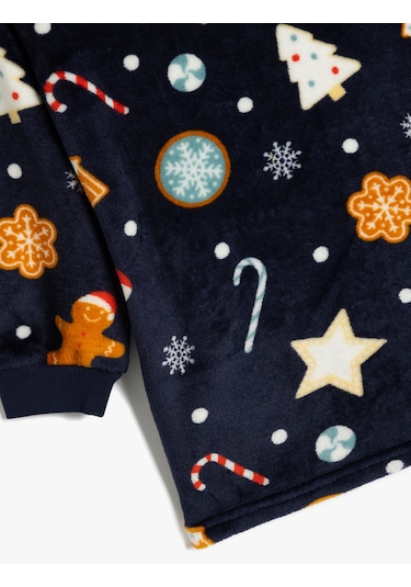 Koton Yılbaşı Desenli Kapşonlu Polar Sabahlık Lacivert Desenli 5wlk70016mk 7d2 Lacivert