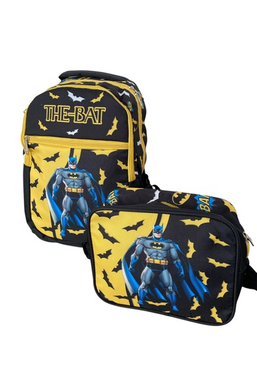 İlk Okul Çantası 2'li Set Ilkokul Çantası Batman Desenli Yüksek Kaliteli Okul Çantası Siyah
