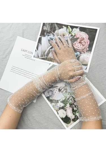 Uzun Boy Beyaz Puantiyeli Beyaz Renk Yetişkin Tül Eldiven Gelin Tül Eldiveni 55 Cm Çok Renkli