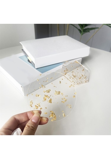 Altın Varak Akrilik Bardak Altlıkları 6 Adet İçecekler İçin İskandinav Tarzı, 9.5x10.8cm Şeffaf