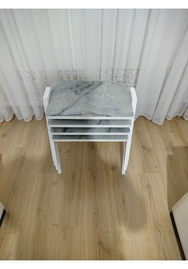 Zigon Sehpa 4'lü Mermer Desenli Tepsi Model Buz Mermer Desen Beyaz Ayak Buz Gri Mermer Desenli