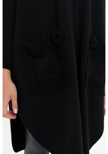 Desen Triko Kadın Dik Yaka Cebi Gül İşlemeli Fermuarlı Panço 24060 Siyah Siyah