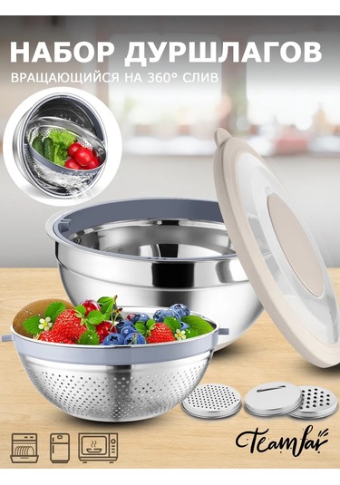 Teamfar Paslanmaz Çelikle Mutfak İçin Süzgeçli Ve Rendeli Kase Seti 303772980