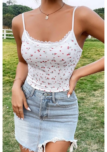 Merry See Çiçek Desenli Askılı Atlet Bluz Crop Top Çok Renkli