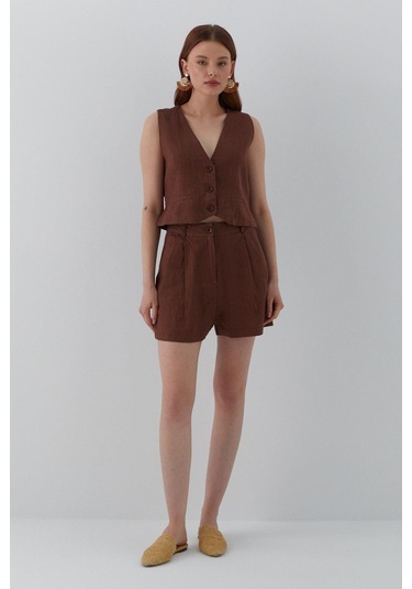 Cepkenli Şortlu Keten Takım Kahverengi Kahverengi