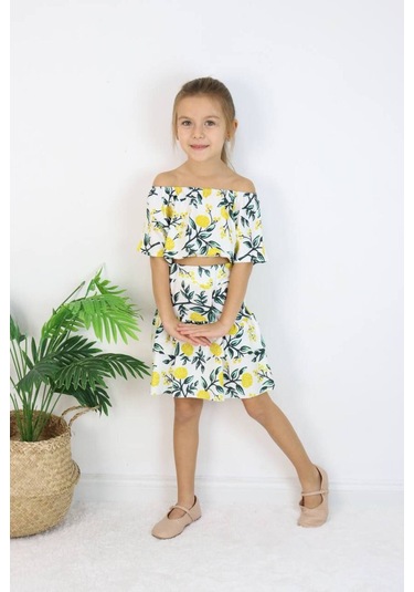 Carmen Yaka Madonna Desenli Etekli Takım - Bahar Esintisi Limon Bahçesi Etekli Takım Çok Renkli