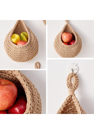 Xurunkeji Mutfak İçin Duvara Asılan Meyve Sepetleri 3'lü Paket Dokuma Ürün Tutucu Sebze Askılı Sepet A Gri