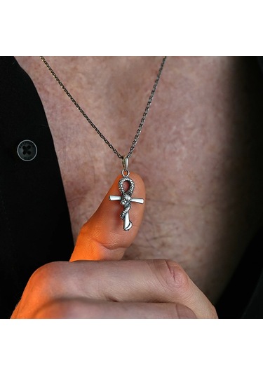 İpek Silver 925 Ayar Gümüş Ankh - Oroborus Unısex Kolye Gümüş