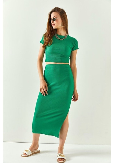 Kadın Mint Yeşili Yazlık Yırtmaçlı Esnek Etek Crop Takım