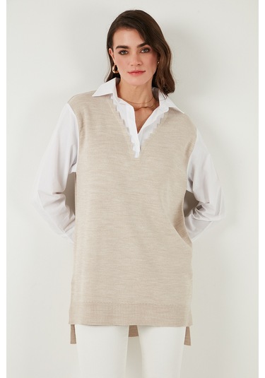 Lela Modest Standart Fit Gömlek Yaka Tesettür Triko Bayan Tunik 4612148 Bej