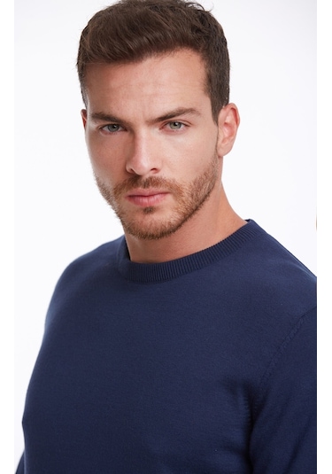 Hatemoğlu Erkek Regular Fit Pamuk Bisiklet Yaka Triko Kazak İndigo