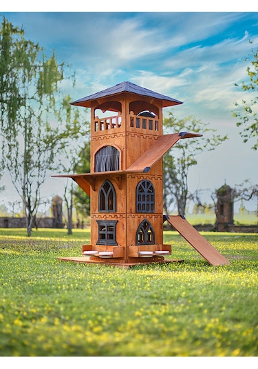 Mandu Ahşap 4 Katlı Teraslı Kedi Evi Tırmalama + Mama Kaplı