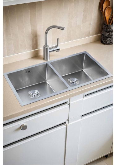 Han Serisi %100 Krom 82x45 İki Göz Paslanmaz Mutfak Eviyesi, Mutfak Lavabosu Sifon Dahil Silver