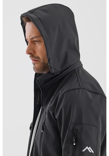 Çıkartılabilen Fermuarlı Kapüşon Cepli İçi Polarlı Su Geçirmez Softshell Erkek Mont Gri Gri