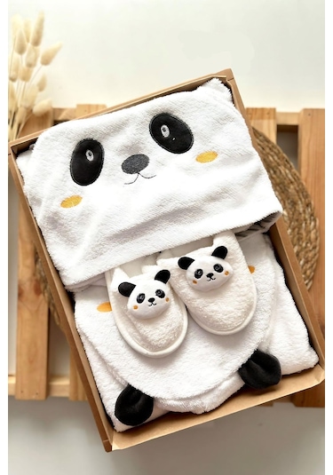 Panda Desenli Bebek Bornoz Seti Beyaz - Siyah
