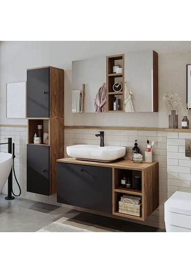 "lavabolu" Mdf 95 Cm Lotus Oval Lavabolu Banyo Dolabı Atlantik Çam - Antrasit