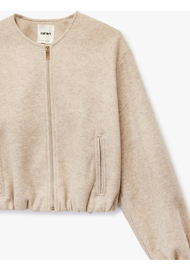 Koton Fermuarlı Bisiklet Yaka Uzun Kollu Crop Kaşe Kolej Bomber Ceket Vizon 6wak20207ew VIZON