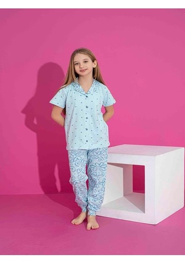 Kız Çocuk Önden Düğmeli Kalp Desenli Mavi Pijama Takımı-1265 Mavi