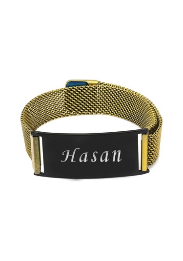 Siyah Zeminli Kişiye Özel İsim Yazılı Magnet Kapamalı Antik Sarı Renk Çelik Erkek Hasır Bileklik