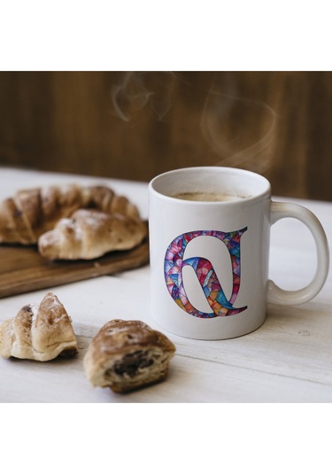 Q Harfi Bardak 330 Ml İsme/harfe Özel Hediye, Renkli Harf Tasarım Beyaz