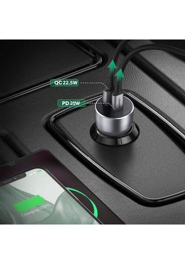 Ugreen Alüminyum 42.5W Pd Qc 3.0 Çift Çıkışlı Hızlı Araç Şarj Cih