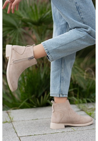 D404 Garantili Soğuk Geçirmez Kışlık Kadın Bot & Bootie Vizon-Süet