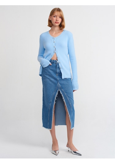 Dilvin Yırtmacı Püsküllü Uzun Etek Mavi