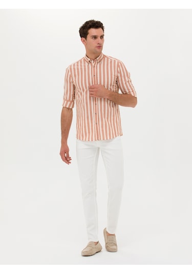 Cacharel Kiremit Slim Fit Uzun Kollu Çizgili Gömlek Kırmızı