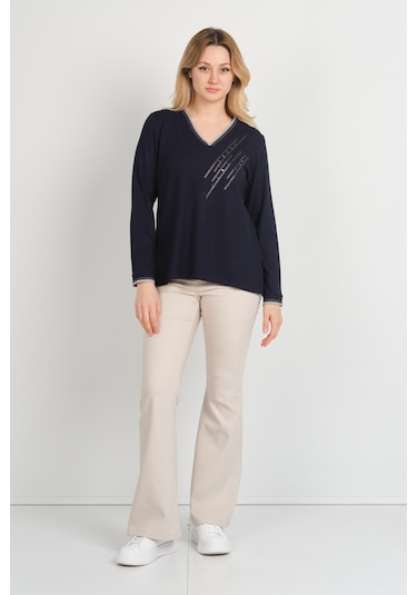 Detay Triko Kadın V Yaka Taş İşlemeli Uzun Kol Anne Bluz 5751 Lacivert Lacivert