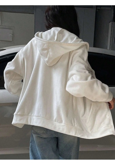 Relax&Basic Ünisex Basic Slim Fit Kapüşonlu Fermuarlı Cepli Sweatshirt Bej Bej Beyaz