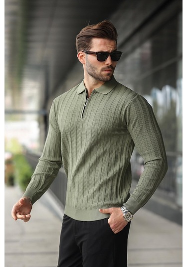 Haki Yarım Fermuarlı Polo Yaka Triko Kazak E7426 Haki