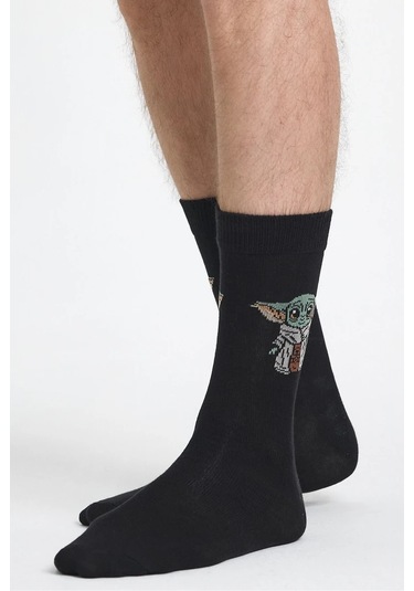 Erkek Pamuklu Özel Desenli Dikişsiz Yumuşak Dokulu Terletmez Rahat Esnek Soket Çorap Siyah-yoda