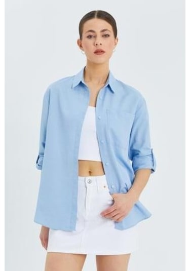 9942 Kadın Oxford Uzun Kol Basic Gömlek Bebe Mavi Bebe Mavi