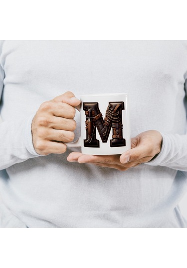 M Harfi Kovboy Temalı Bardak 330 Ml İsim / Harf Kişiye Özel Hediye - Vahşi Batı Konsept Beyaz