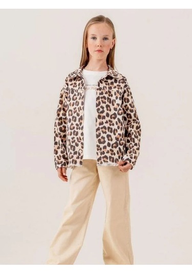 Kız Çocuk Leopar Desenli Kot Ceket İçi T-shirt Takım-15511 Kahverengi