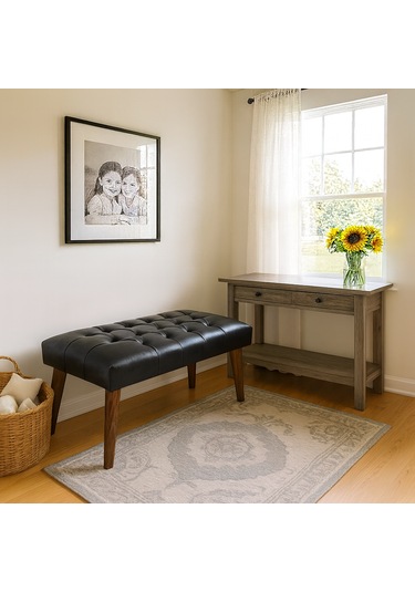 Bench - Deri Kumaş - 45x90 - Ahşap Ayaklı Modern Bank - Siyah