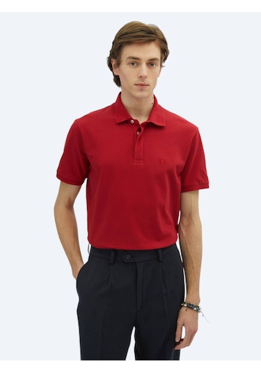 Kırmızı Düz Polo Yaka %100 Pamuk T-shirt Kırmızı